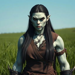 A photorealistic depiction of a strong orcish woman in a medieval fantasy setting