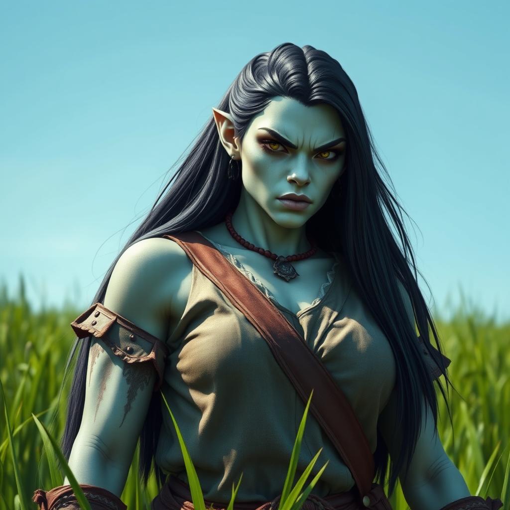 A photorealistic depiction of a strong orcish woman in a medieval fantasy setting