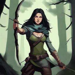 A high-quality digital art image displaying an Earth Genasi rogue with light skin and black hair in a dark forest