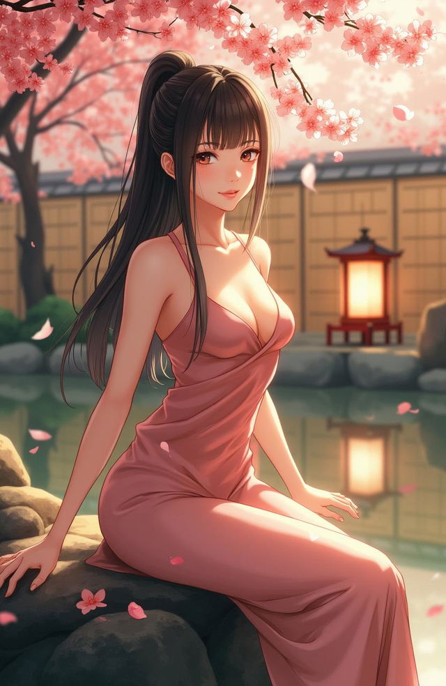 A stylized depiction of beauty, focusing on a Japanese woman sitting in a serene garden surrounded by cherry blossoms, reflecting a moment of confidence and self-acceptance