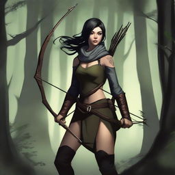 A high-quality digital art image displaying an Earth Genasi rogue with light skin and black hair in a dark forest