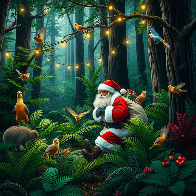 A magical scene depicting an enchanting native New Zealand forest filled with lush greenery, vibrant ferns, and tall trees