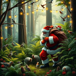 A magical scene depicting an enchanting native New Zealand forest filled with lush greenery, vibrant ferns, and tall trees