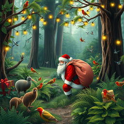 A magical scene depicting an enchanting native New Zealand forest filled with lush greenery, vibrant ferns, and tall trees
