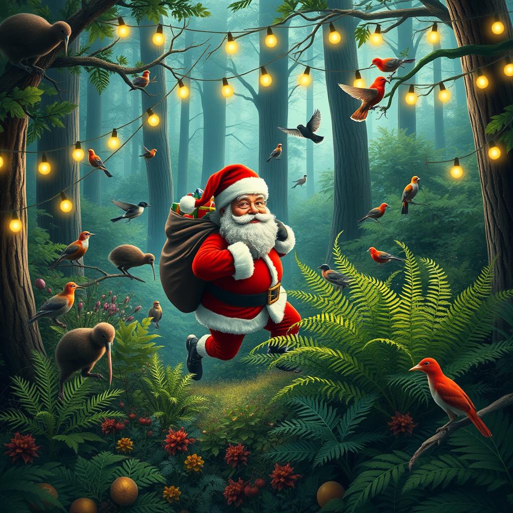 A magical scene depicting an enchanting native New Zealand forest filled with lush greenery, vibrant ferns, and tall trees
