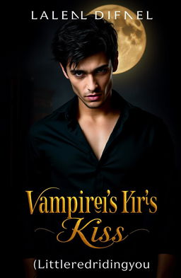 A dramatic book cover for a novel titled 'Vampire's Kiss', featuring a charismatic, brooding vampire with piercing eyes and sharp fangs, standing in a shadowy, gothic setting with a full moon in the background