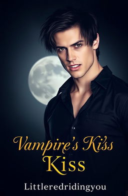 A dramatic book cover for a novel titled 'Vampire's Kiss', featuring a charismatic, brooding vampire with piercing eyes and sharp fangs, standing in a shadowy, gothic setting with a full moon in the background