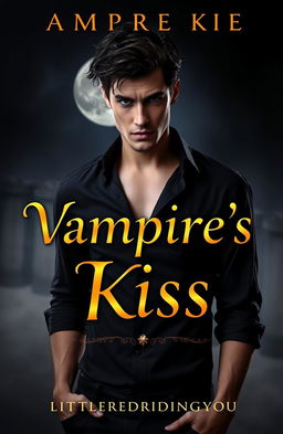 A dramatic book cover for a novel titled 'Vampire's Kiss', featuring a charismatic, brooding vampire with piercing eyes and sharp fangs, standing in a shadowy, gothic setting with a full moon in the background