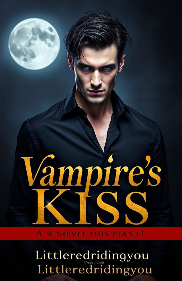 A dramatic book cover for a novel titled 'Vampire's Kiss', featuring a charismatic, brooding vampire with piercing eyes and sharp fangs, standing in a shadowy, gothic setting with a full moon in the background