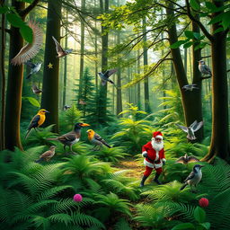 A vibrant New Zealand native forest teeming with life, showcasing a variety of native birds including a kiwi, tui, ruru, fantail, and kereru