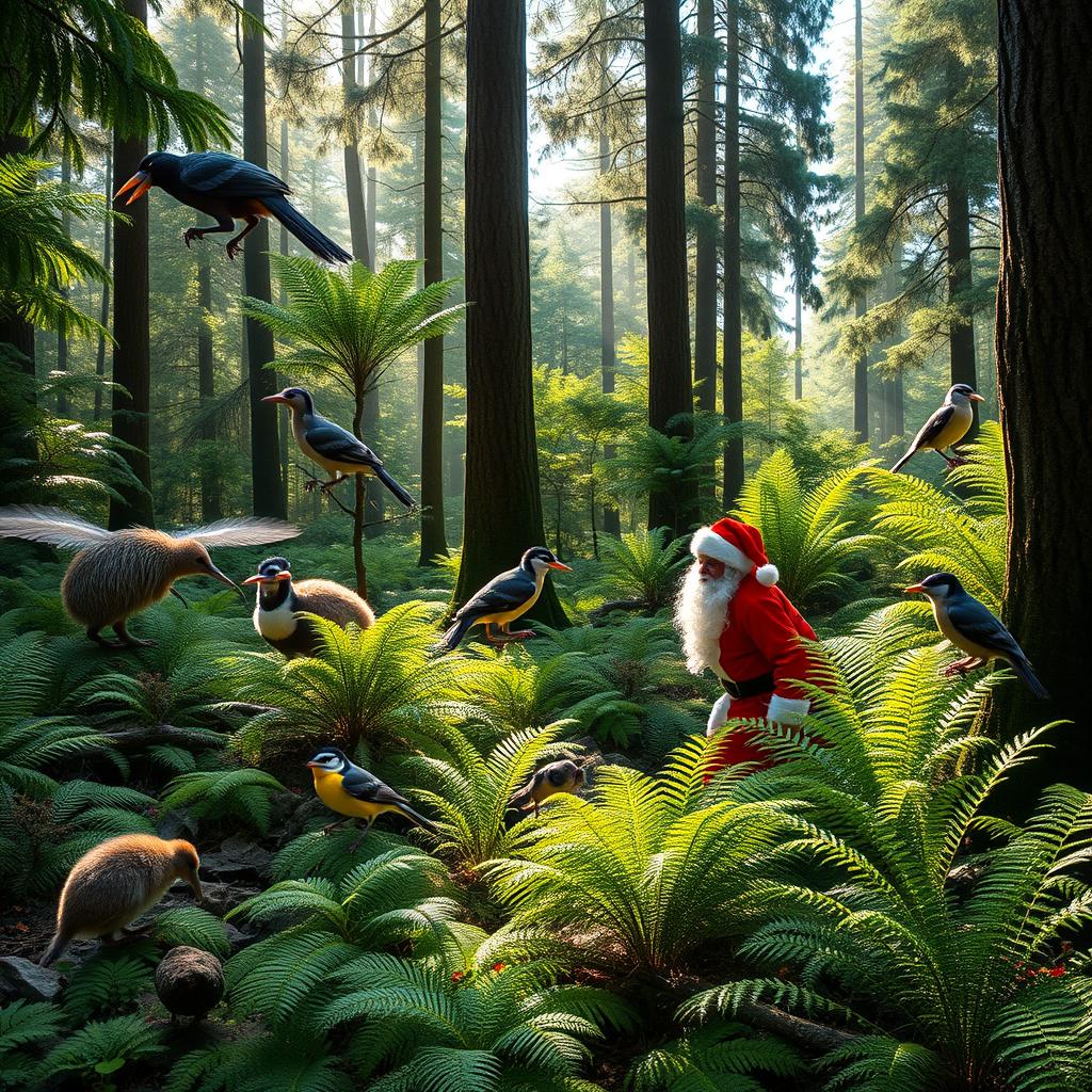 A vibrant New Zealand native forest teeming with life, showcasing a variety of native birds including a kiwi, tui, ruru, fantail, and kereru