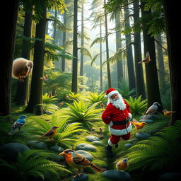 A vibrant New Zealand native forest teeming with life, showcasing a variety of native birds including a kiwi, tui, ruru, fantail, and kereru