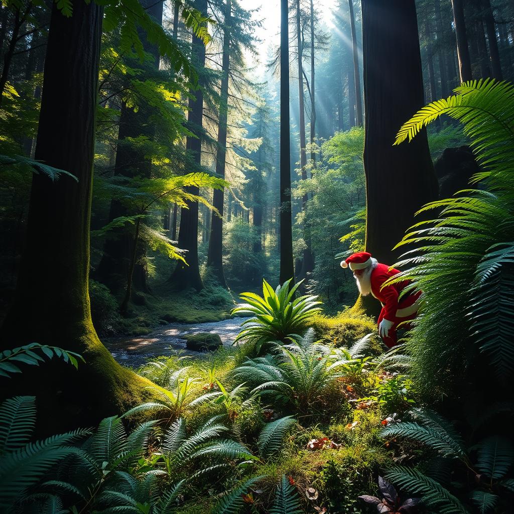 A captivating New Zealand native forest with lush greenery, ferns, and towering trees creating a dense, vibrant backdrop