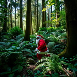 A captivating New Zealand native forest with lush greenery, ferns, and towering trees creating a dense, vibrant backdrop