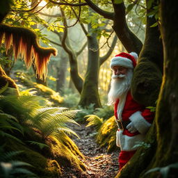 A charming New Zealand native forest filled with rich greenery, featuring ferns, moss-covered trees, and a dense canopy overhead