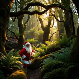 A charming New Zealand native forest filled with rich greenery, featuring ferns, moss-covered trees, and a dense canopy overhead