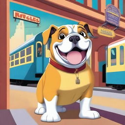 A vibrant animated image featuring a friendly bulldog standing in a bustling train station