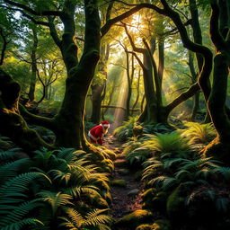 A charming New Zealand native forest filled with rich greenery, featuring ferns, moss-covered trees, and a dense canopy overhead