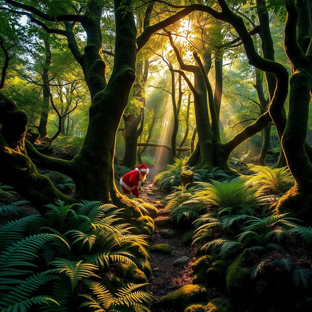 A charming New Zealand native forest filled with rich greenery, featuring ferns, moss-covered trees, and a dense canopy overhead