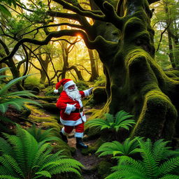 A charming New Zealand native forest filled with rich greenery, featuring ferns, moss-covered trees, and a dense canopy overhead