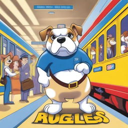 A vibrant animated image featuring a friendly bulldog standing in a bustling train station