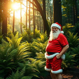 A realistic depiction of a New Zealand native forest in summer, showcasing lush greenery, ferns, and sun-dappled trees