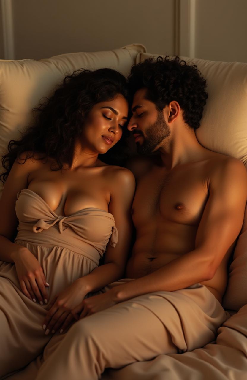 A sensual and intimate scene featuring a voluptuous Indian woman and a Caucasian man, both depicted as nude in a soft, warm-lit environment