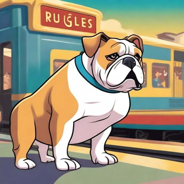 A vibrant animated image featuring a friendly bulldog standing in a bustling train station