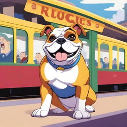 A vibrant animated image featuring a friendly bulldog standing in a bustling train station