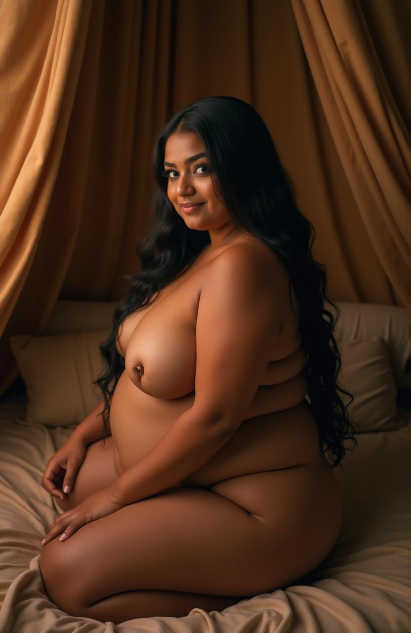 A sensual and intimate scene featuring a voluptuous Indian woman, depicted as nude in a softly lit, serene environment