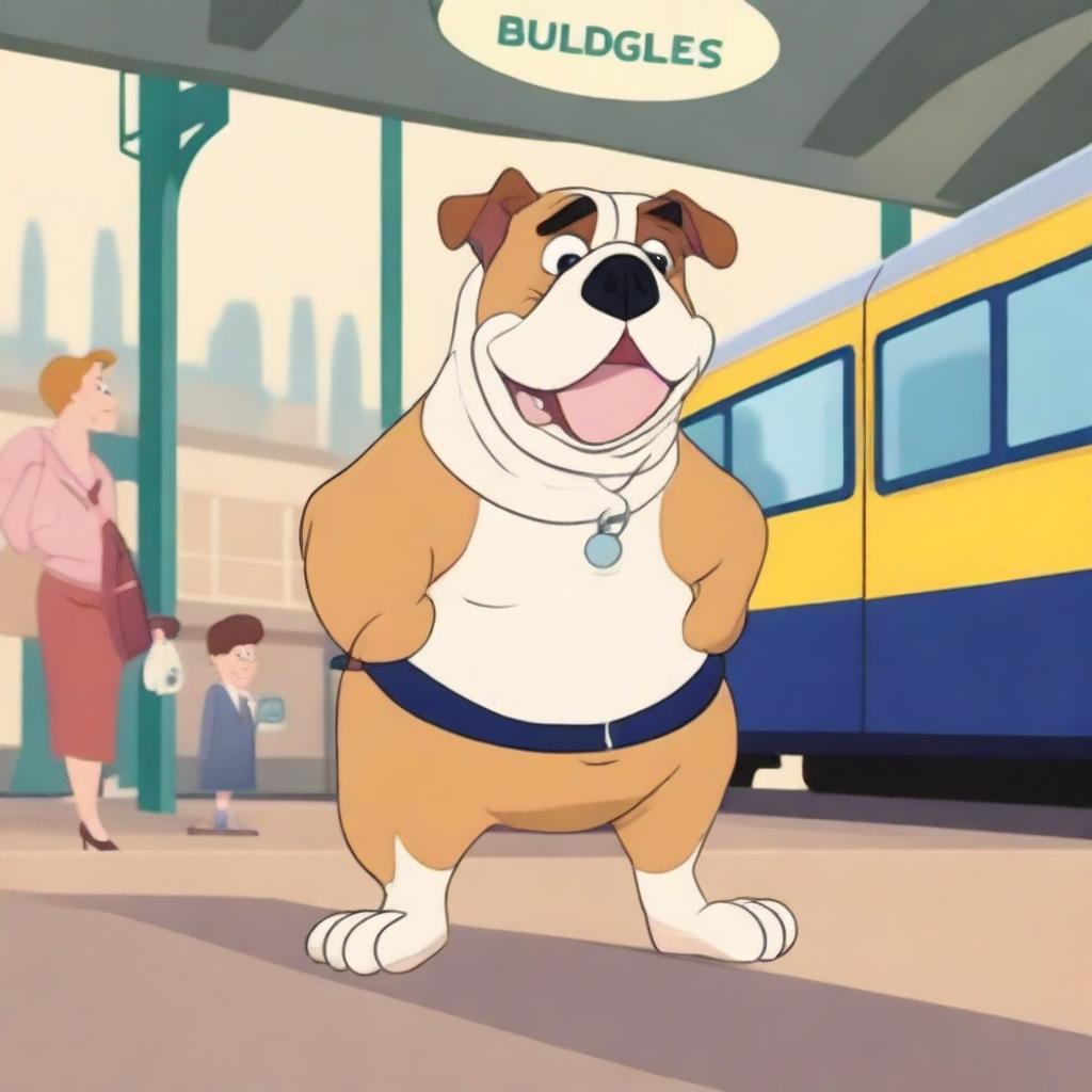 An animated image of high quality, showcasing a bulldog with expressive features standing in a busy train station