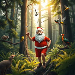 A realistic depiction of a New Zealand native forest in summer, showcasing lush greenery, tall trees, and a variety of vibrant ferns