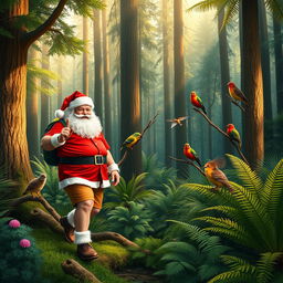 A realistic depiction of a New Zealand native forest in summer, showcasing lush greenery, tall trees, and a variety of vibrant ferns