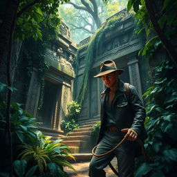 An adventurous scene depicting an archeologist exploring a hidden ancient temple deep in the jungle