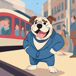 An animated image of high quality, showcasing a bulldog with expressive features standing in a busy train station