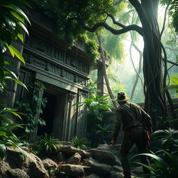 An adventurous scene depicting an archeologist exploring a hidden ancient temple deep in the jungle