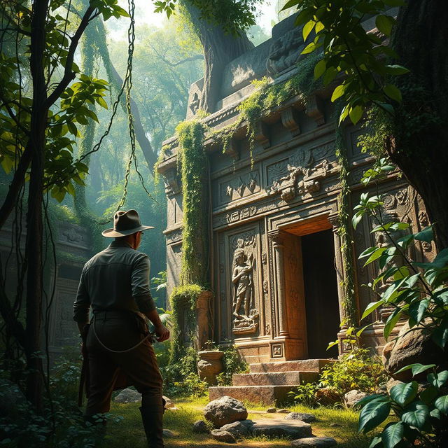 An adventurous scene depicting an archeologist exploring a hidden ancient temple deep in the jungle