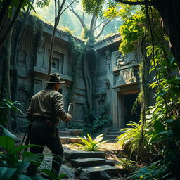 An adventurous scene depicting an archeologist exploring a hidden ancient temple deep in the jungle