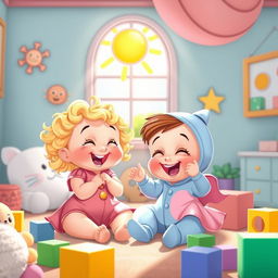 A whimsical fantasy scene depicting two adorable cartoon babies dressed in cute clothes, playfully interacting with each other in a colorful and vibrant nursery environment