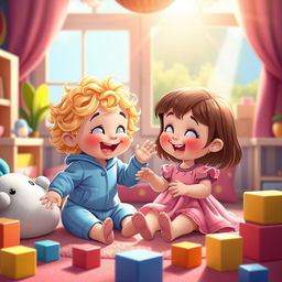 A whimsical fantasy scene depicting two adorable cartoon babies dressed in cute clothes, playfully interacting with each other in a colorful and vibrant nursery environment