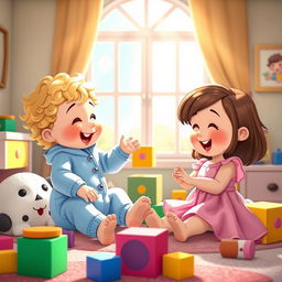 A whimsical fantasy scene depicting two adorable cartoon babies dressed in cute clothes, playfully interacting with each other in a colorful and vibrant nursery environment