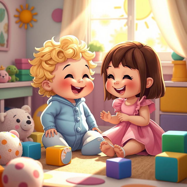 A whimsical fantasy scene depicting two adorable cartoon babies dressed in cute clothes, playfully interacting with each other in a colorful and vibrant nursery environment