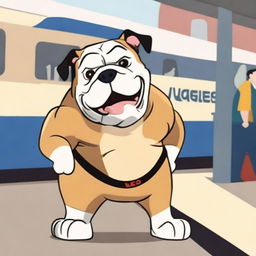 An animated image of high quality, showcasing a bulldog with expressive features standing in a busy train station