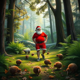 A realistic portrayal of a New Zealand native forest in summer, featuring lush greenery, towering trees, and a variety of ferns