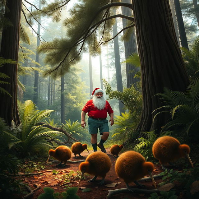 A realistic portrayal of a New Zealand native forest in summer, featuring lush greenery, towering trees, and a variety of ferns
