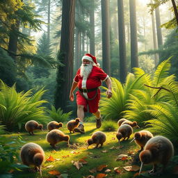 A realistic portrayal of a New Zealand native forest in summer, featuring lush greenery, towering trees, and a variety of ferns