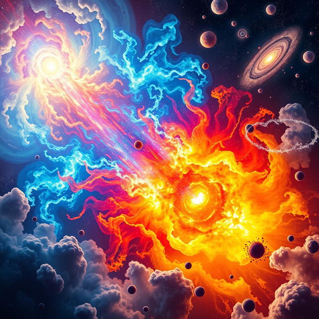 An artistic representation of the Big Bang, showcasing a mesmerizing explosion of colors in space, with vibrant blues, fiery reds, and energetic yellows radiating from a central point