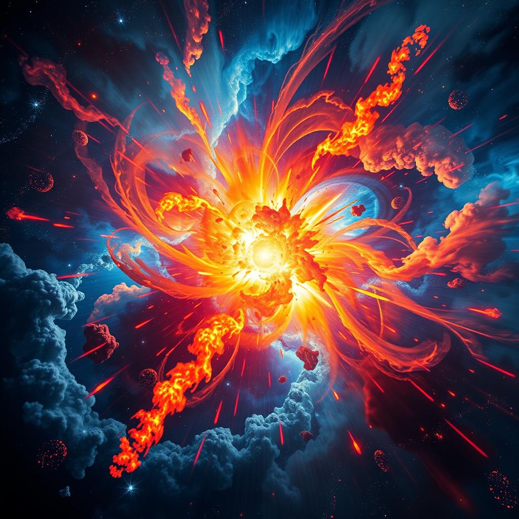 An artistic representation of the Big Bang, showcasing a mesmerizing explosion of colors in space, with vibrant blues, fiery reds, and energetic yellows radiating from a central point