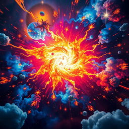 An artistic representation of the Big Bang, showcasing a mesmerizing explosion of colors in space, with vibrant blues, fiery reds, and energetic yellows radiating from a central point