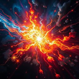 An artistic representation of the Big Bang, showcasing a mesmerizing explosion of colors in space, with vibrant blues, fiery reds, and energetic yellows radiating from a central point